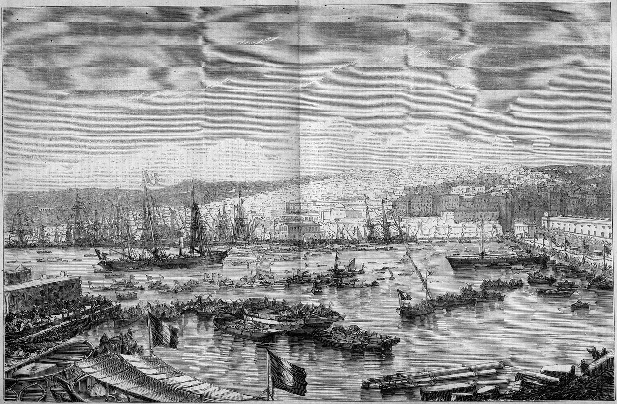 View of the city and port of Algiers (Algeria), during the Arrival of Napoleon III and the Impress Eugenie de Montijo, September 17 av French School
