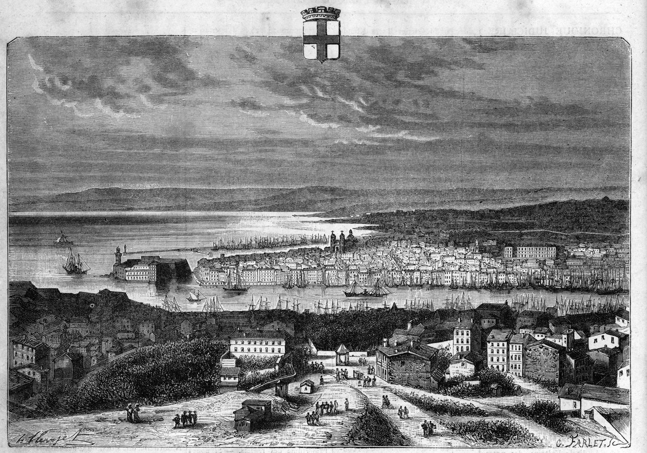 View of the city and port of Marseille. Engraving from 1880 in “La republique illustree”” private collection. av French School
