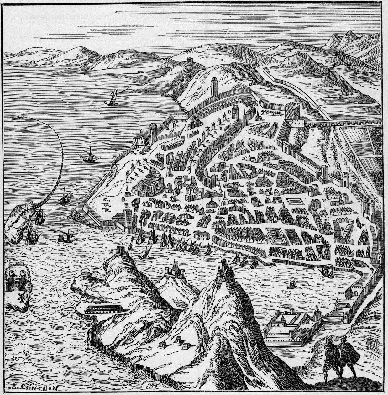 Utsikt over byen og havnen i Marseille på 1500-tallet. Gravering i "La Marine et les colonies: handel" av French School
