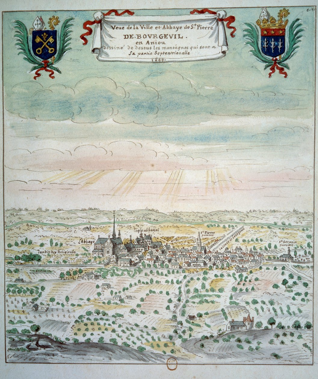 Utsikt over byen og klosteret Saint Pierre de Bourgueil Akvarell fra den franske skolen. 1699 Paris, B.N. av French School