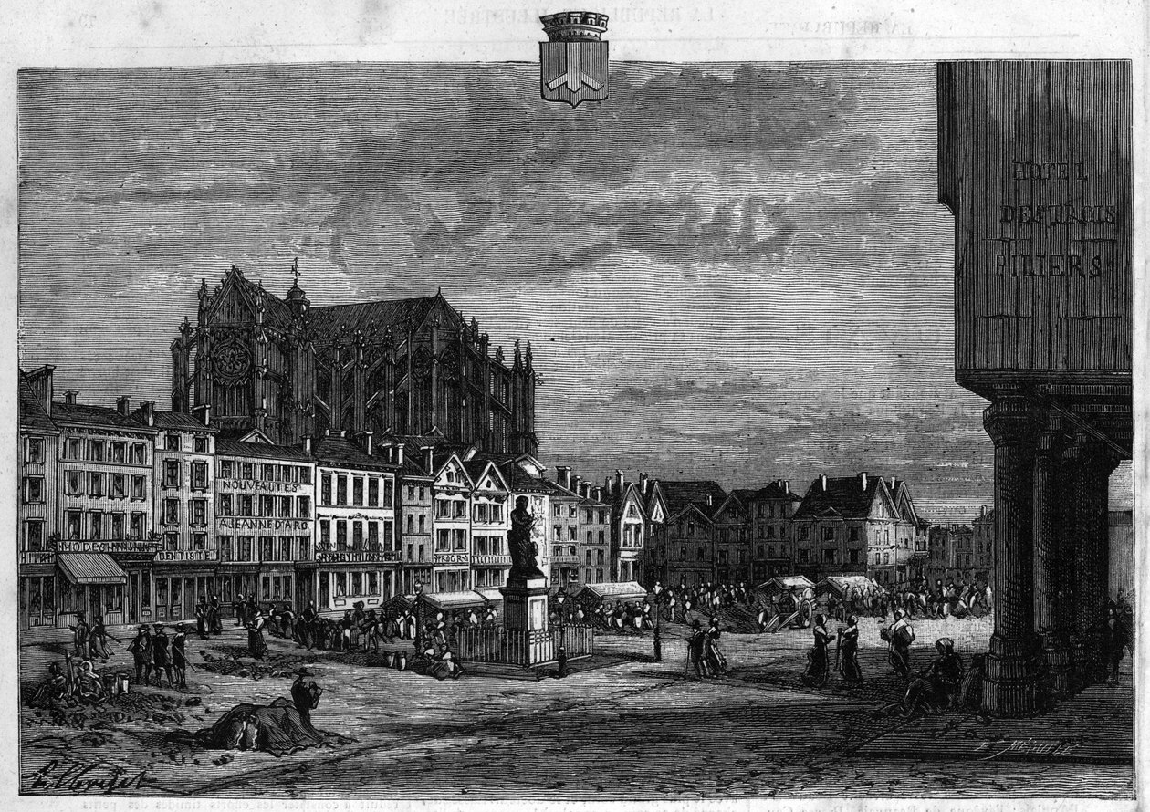 Utsikt over byen Beauvais i Oise. Gravering fra 1880 i "La republique illustree"" privatsamling. av French School