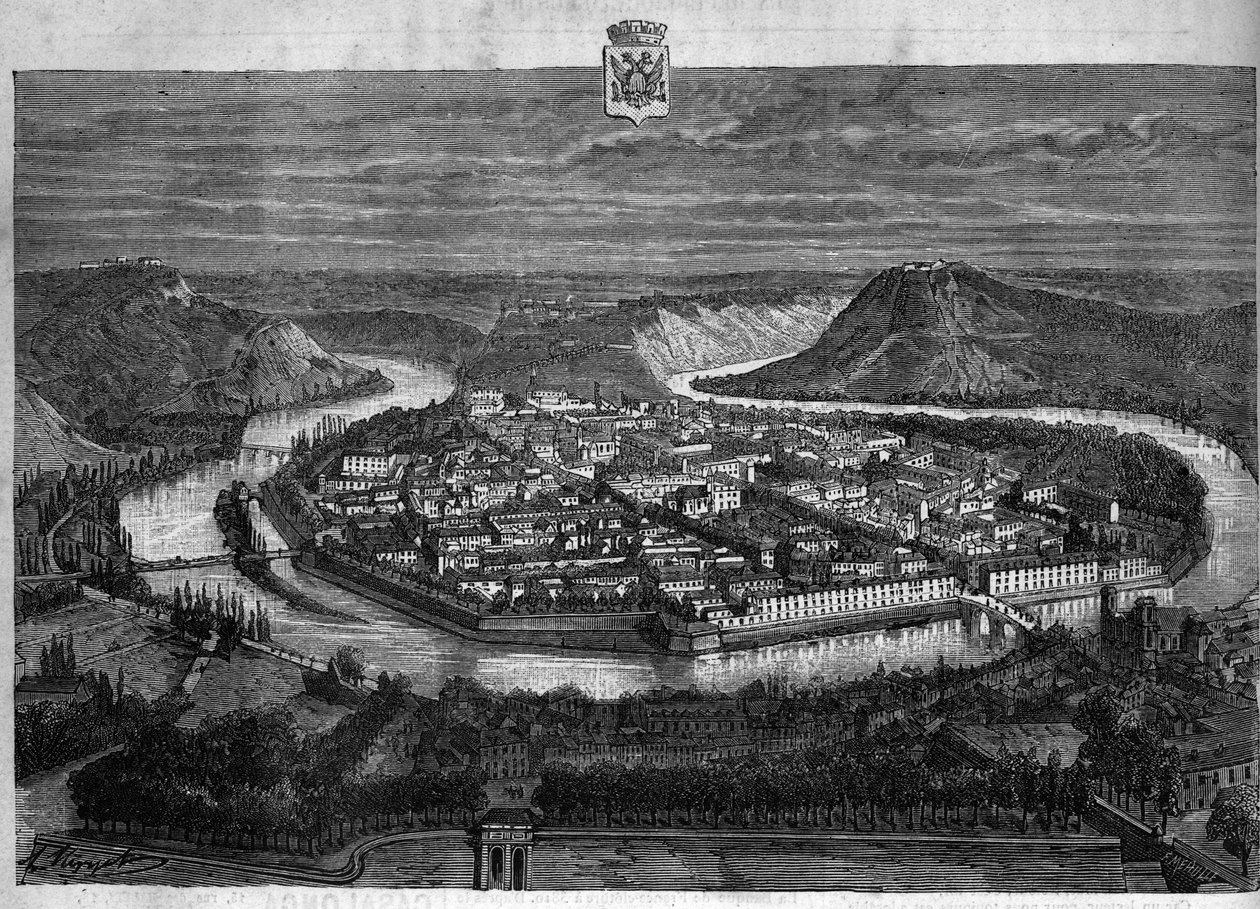 View of the city of Besancon in the Doubs. Engraving from 1880 in “La republique illustree”” private collection. av French School