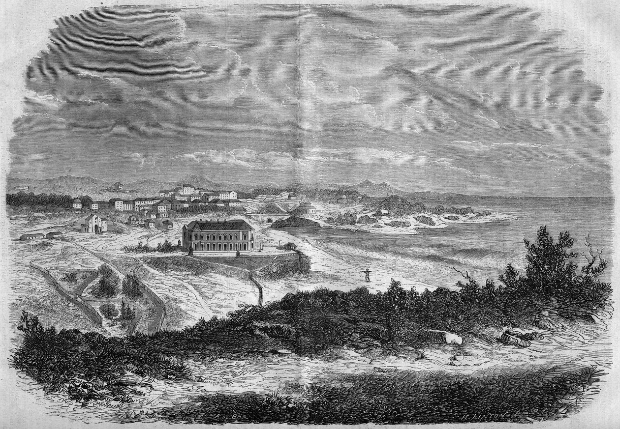 Utsikt over byen Biarritz, Pyreneene Atlanterhavet (64) i 1858. Gravering i “” Le Monde Illustré”” nr. 75 av 18. september 1858. av French School