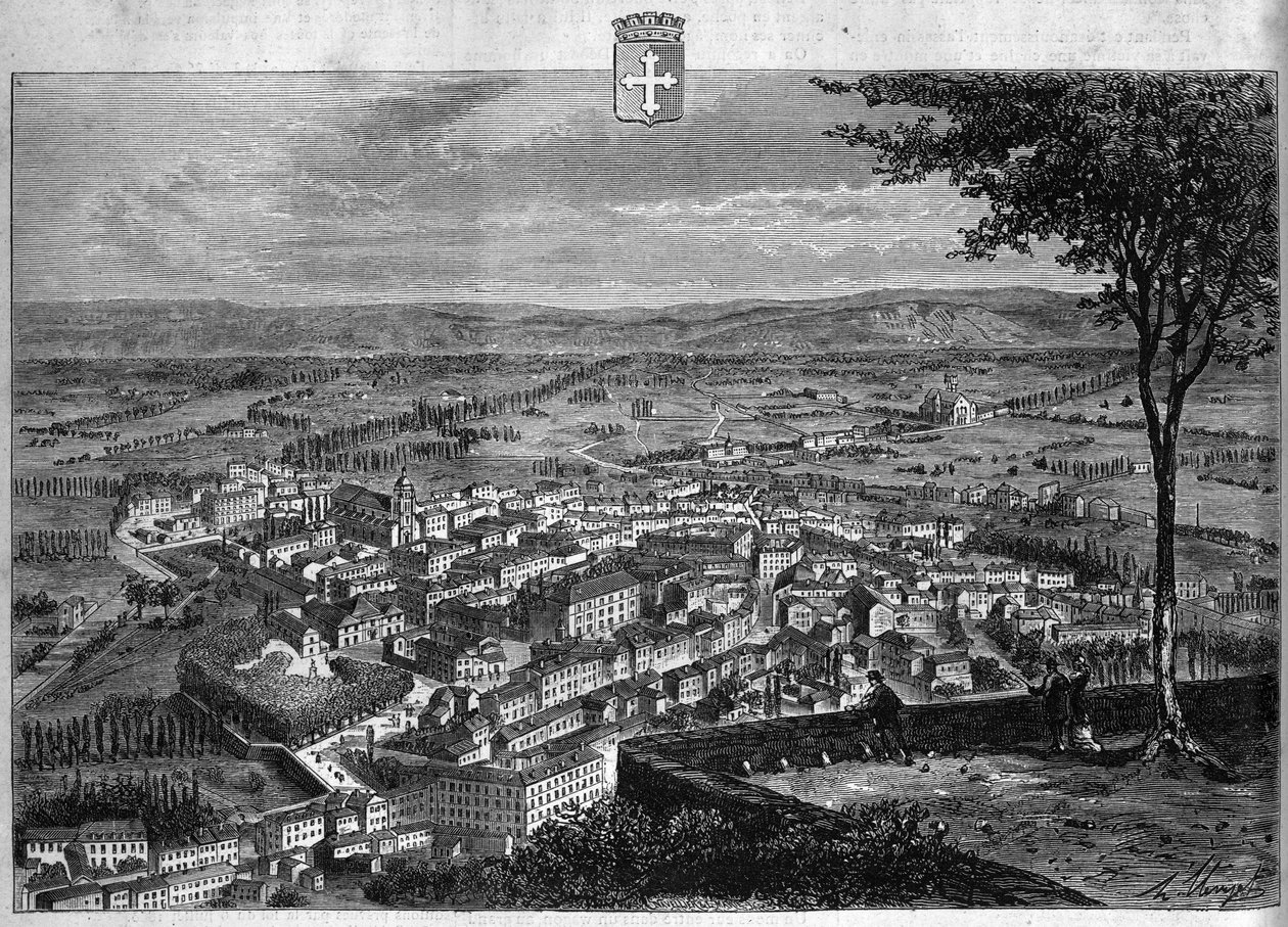 Utsikt over byen Bourg i Ain. Gravering fra 1880 i "La republique illustree"" privatsamling. av French School