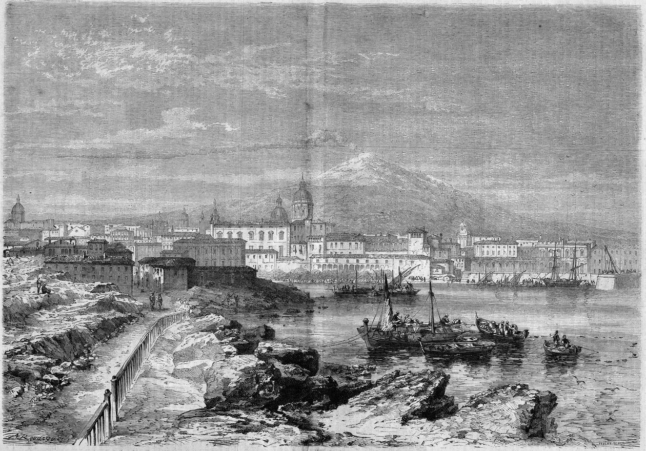 Utsikt over byen Catania (Catania) ved foten av vulkanen Etna. Sicilia, Italia av French School