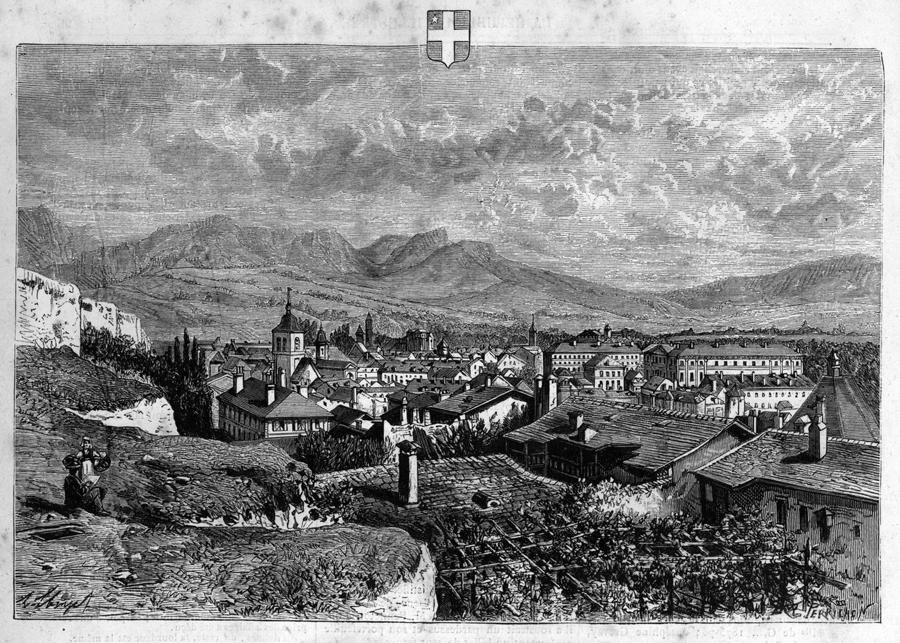 View of the city of Chambery in Savoy. Engraving from 1880 in “La republique illustree”” private collection. av French School