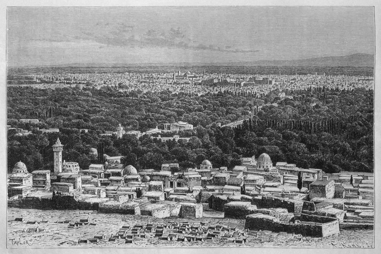 Utsikt over byen Damaskus, fra Syria i dag. Reiser i Fønikia, Libanon og Judea. 1875-1880 av Louis Charles Emile Lortet, 1884 (bw gravering) av French School