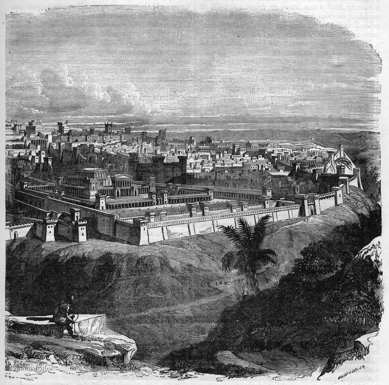 Utsikt over byen Jerusalem før ødeleggelsen av templet. Gravering i "Histoire des Papes-Rois-Queen and Empereurs a travers les centuries"" av Maurice Lachatre av French School