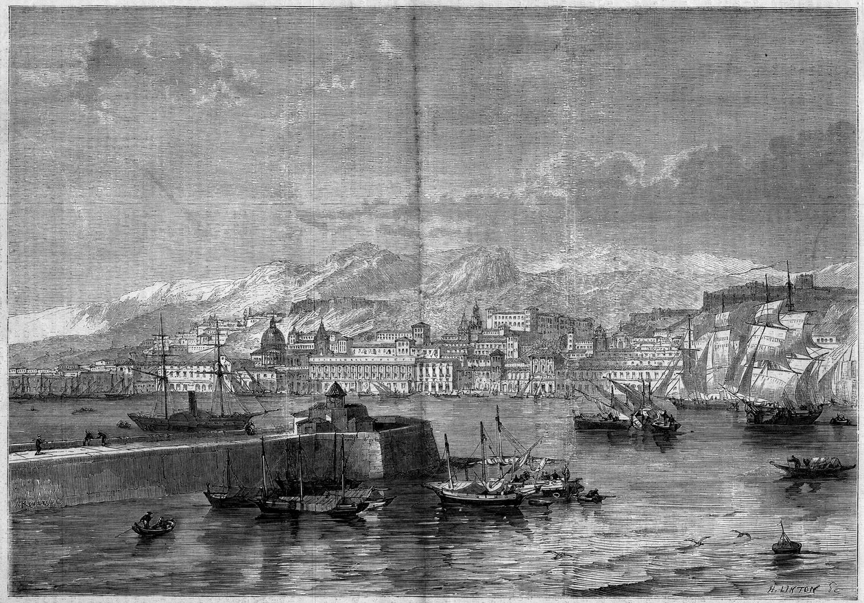Utsikt over byen Messina (Messina eller Missina). Sicilia, Italia av French School