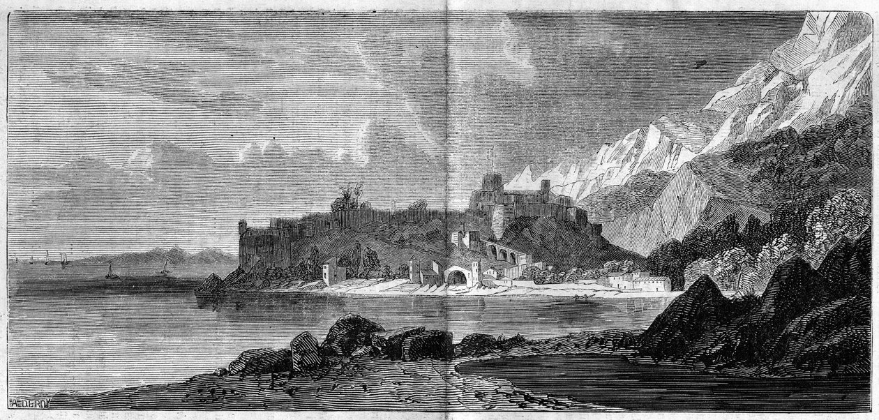 Utsikt over byen Monaco i 1860. Gravering i "" The Illustrous World"" nr. 157 av 14. april 1860. av French School