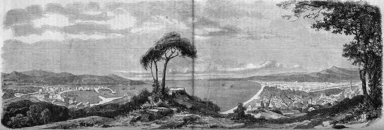 Utsikt over byen Nice i 1860. Gravering i "" The Illustrous World"" nr. 157 av 14. april 1860. av French School