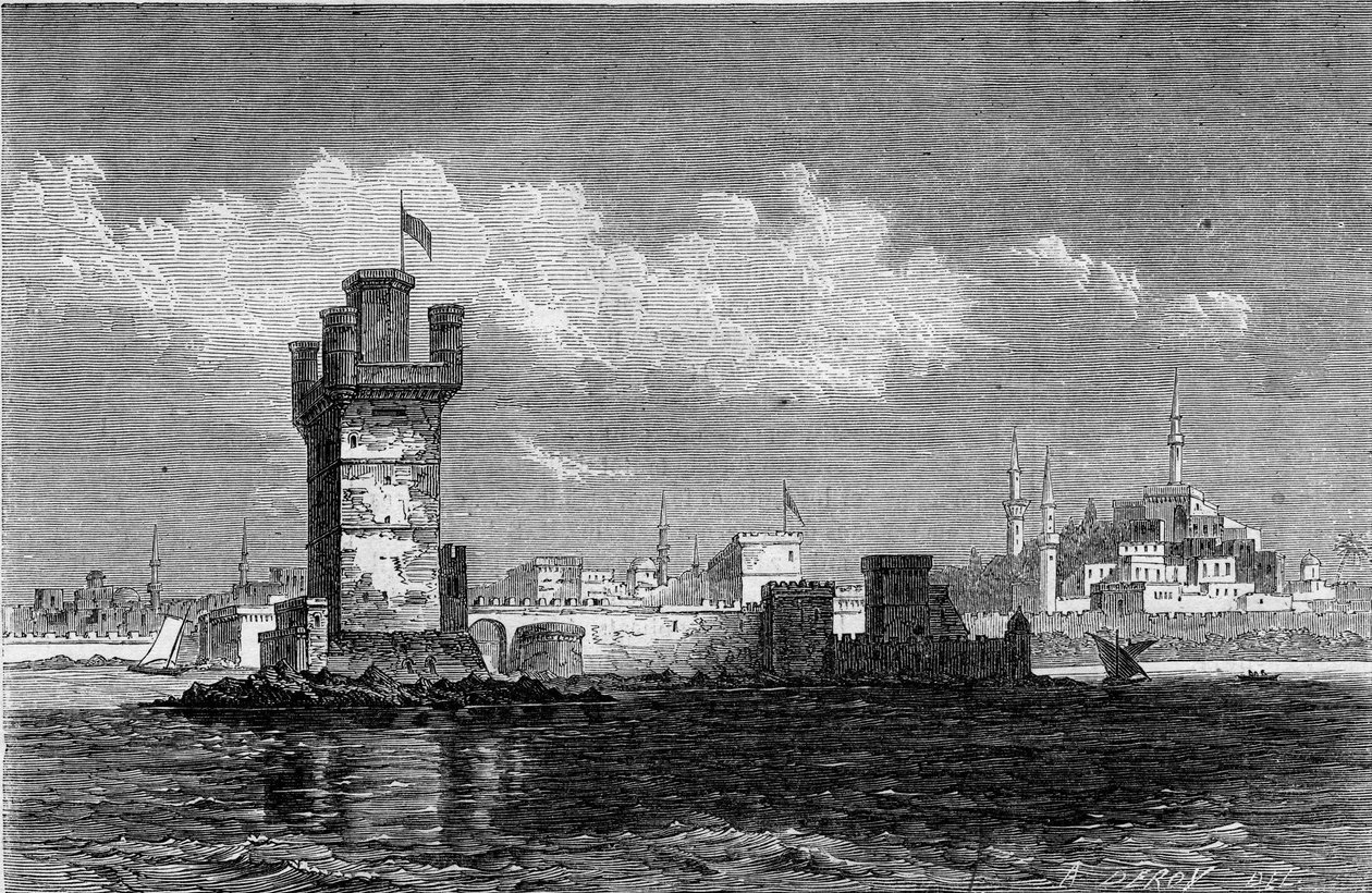 View of the city of Rhodes (Greece) with the square tower Saint Michel (Saint Michel), destroyed during an earthquake in 1863. Engraving in “” Le Monde Illustré”” n°320 of 30 May 1863. av French School
