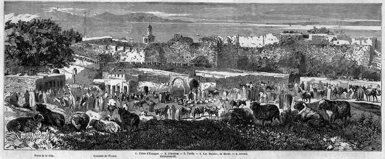 Utsikt over byen Tanger (Marokko), på dagen for den arabiske marsjen. Gravering i "" Le Monde Illustré"" nr. 129 av 1. oktober 1859. av French School