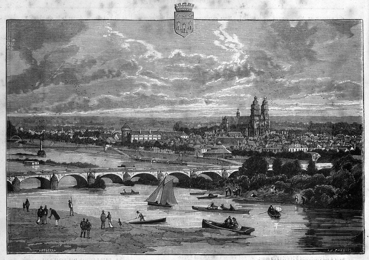 Utsikt over byen Tours i Indre et Loire. Gravering fra 1880 i "La republique illustree"" privatsamling. av French School