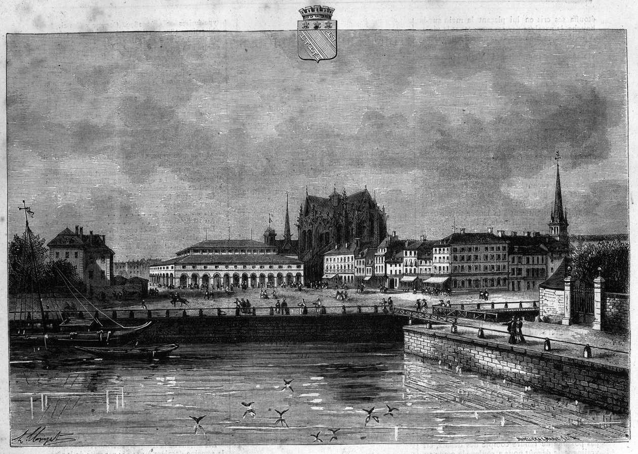 View of the city of Troyes in the Dawn. Engraving from 1880 in “La republique illustree”” private collection. av French School