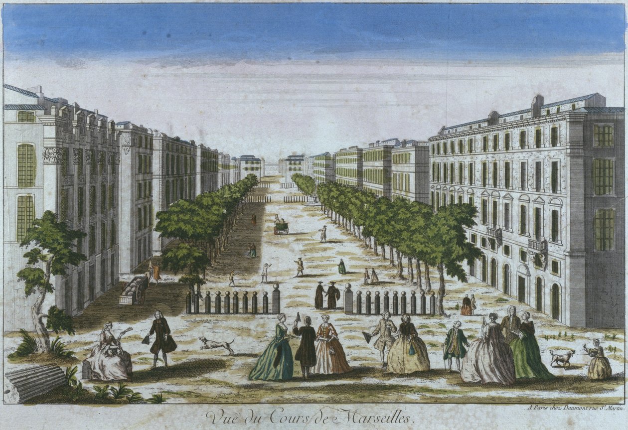 Utsikt over cours, Marseille, Frankrike (fargegravering) av French School
