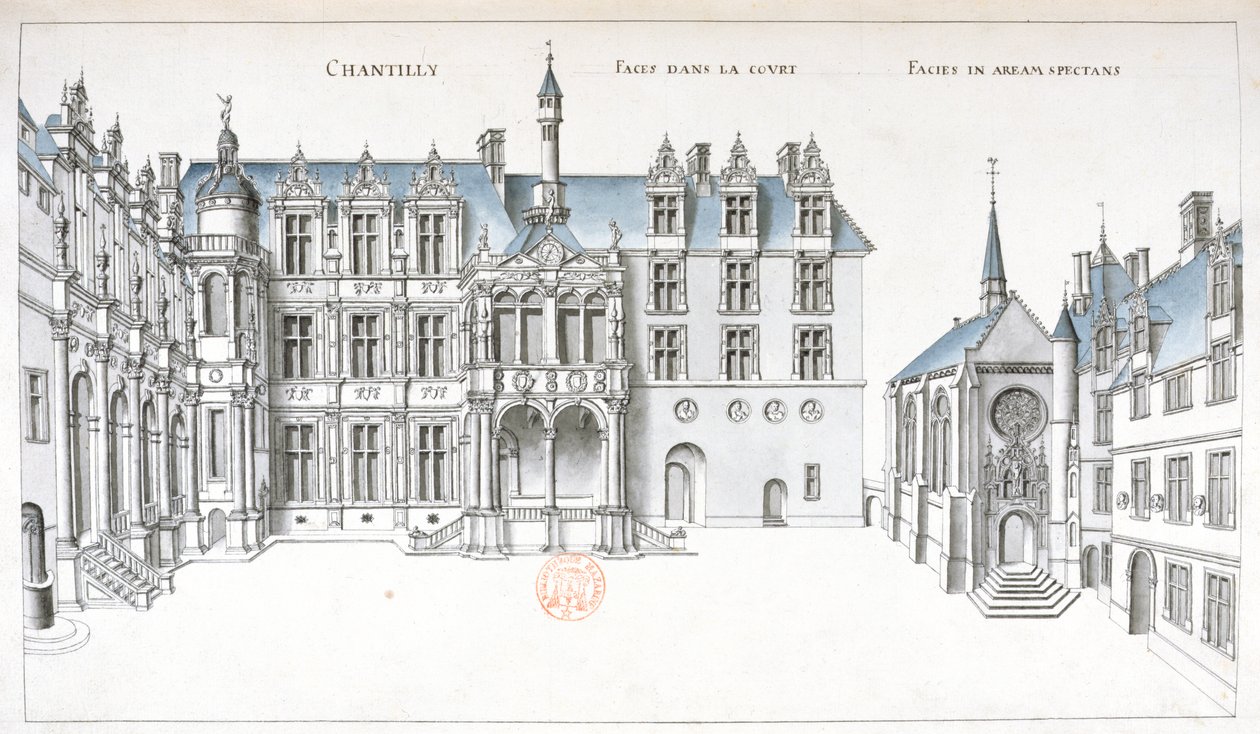 Utsikt over gårdsplassen og kapellet på Chantilly (penn, blekk og wc på papir) av French School