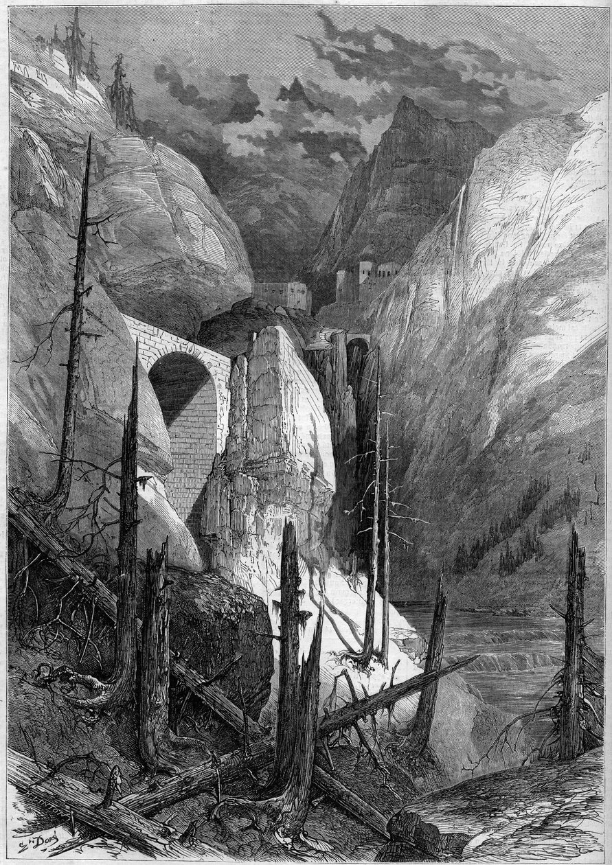 Utsikt over uren og fortet Finstermunz (1471). Tyrol, Sveits av French School