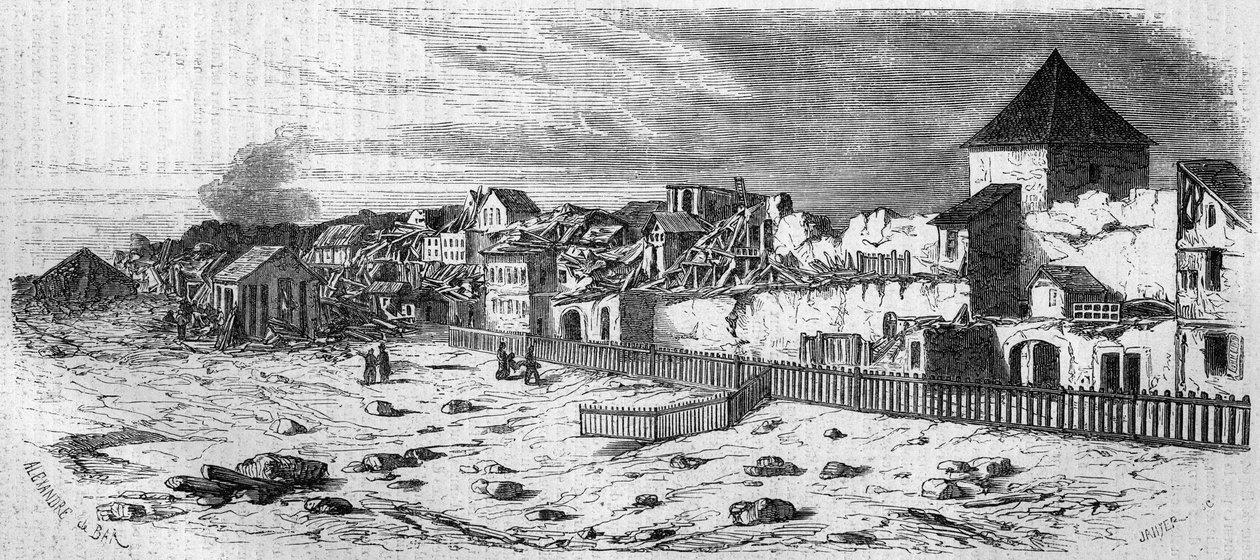 Utsikt over distriktet i byen Kastrich, i Mainz (Tyskland), etter eksplosjonen av kruttønnen i 1857. Fra et fotografi. Gravering i "" Le Monde Illustré"" nr. 36 av 19. desember 1857. av French School