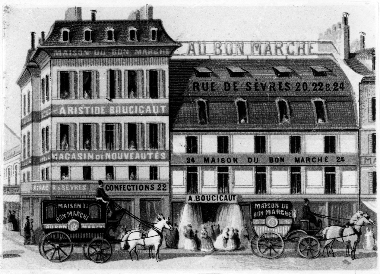 Utsikt over utsiden av Bon Marché Stores, rue de Sèvres, Paris, ca. 1869 av French School
