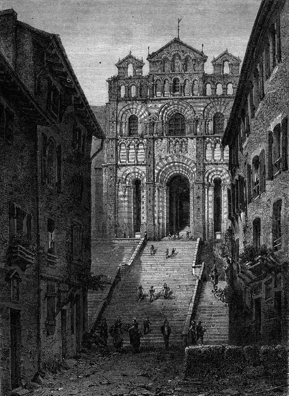 Utsikt over fasaden til Cathedrale Notre Dame du Puy en Velay (Puy-en-Velay), Haute Loire (43) av French School