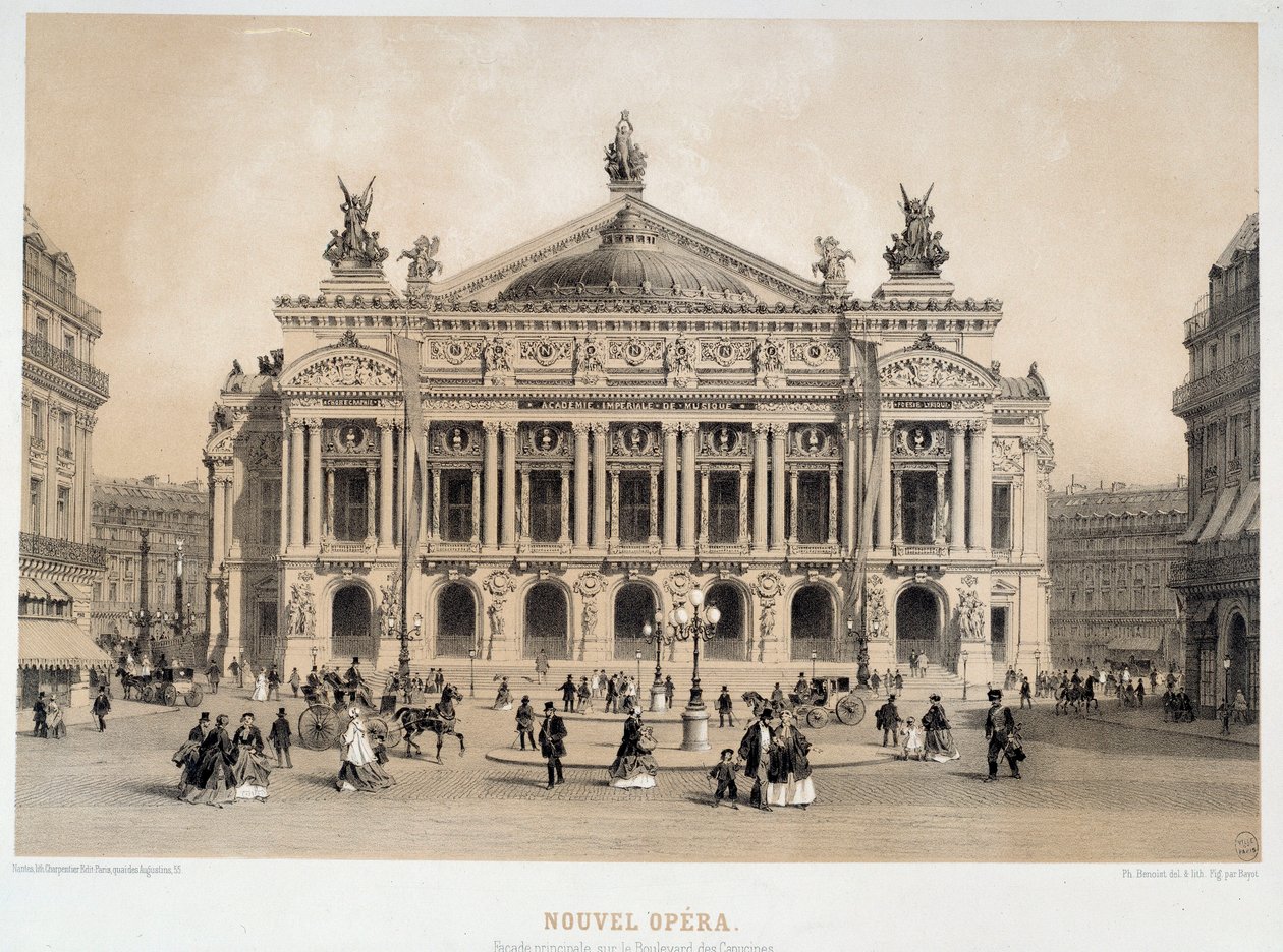 Utsikt over fasaden til Opera Garnier i Paris med utsikt over Boulevard des Capucines. Fra 1800-tallets akvarell Paris, Musee Carnavalet av French School