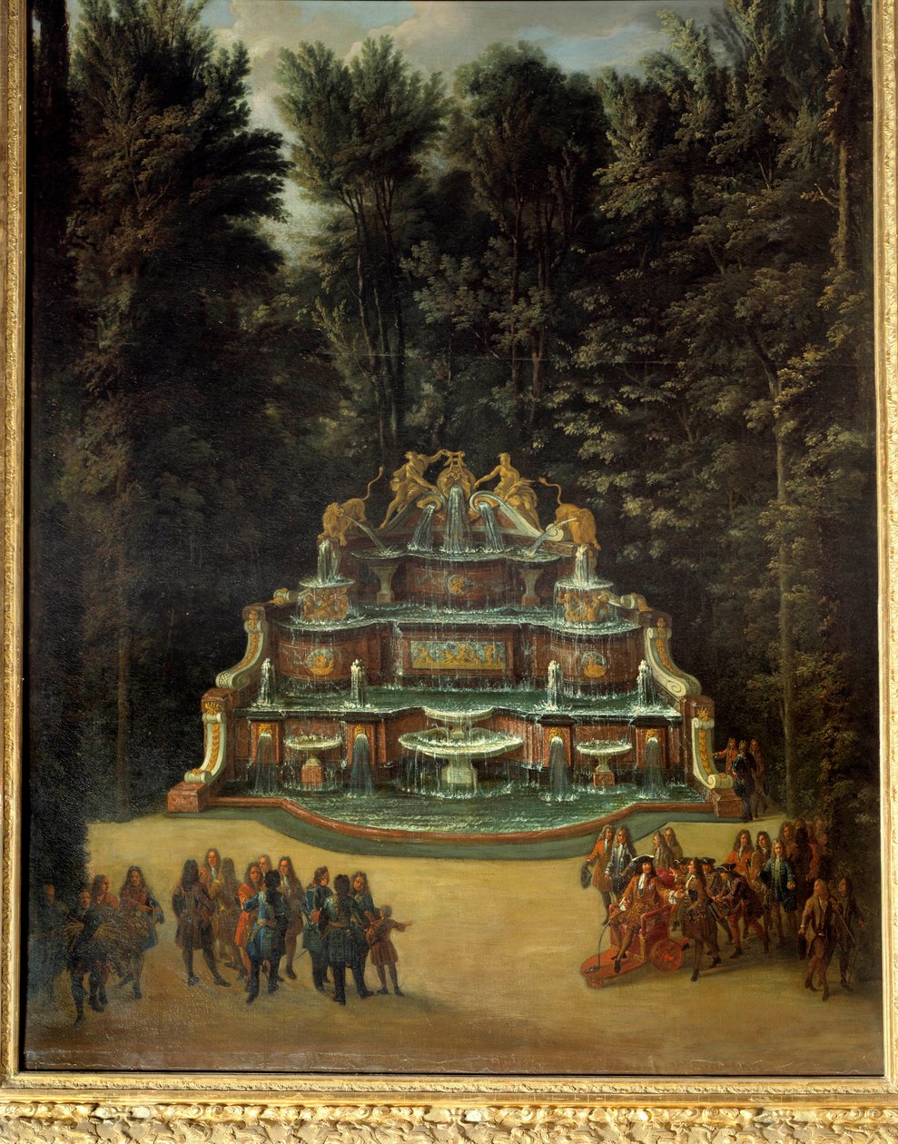 Utsikt over fontenen til vannbuffeten i hagene til Grand Trianon i 1713. I forgrunnen: Ludvig XIV ved Promenade Peinture de Charles Chatelain. 18. århundre. Dim. 2,96x1,42 m. Versailles, slottene i Versailles og Trianon av French School