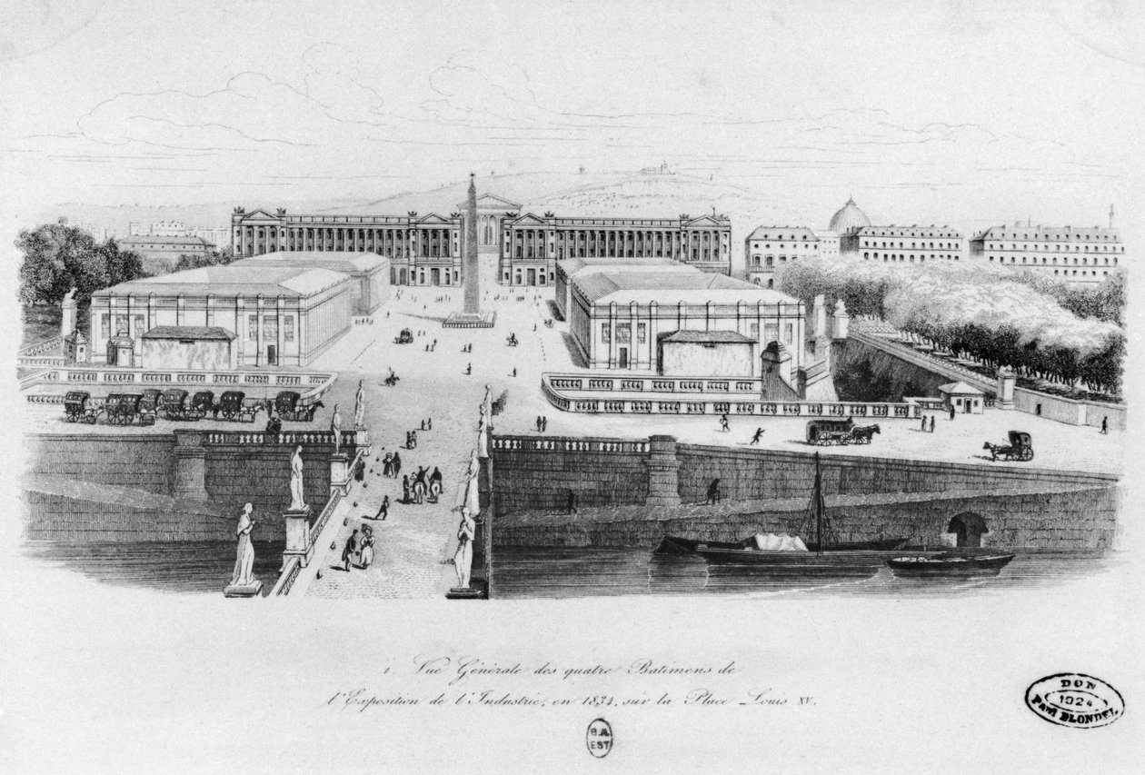Utsikt over de fire bygningene til industriutstillingen i Paris, Place Louis XV, 1834 av French School