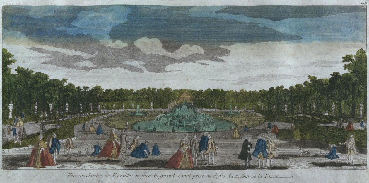 Utsikt over hagen foran Canal Grande sett fra Latona-fontenen, Versailles, Frankrike av French School