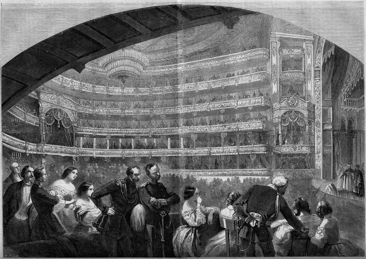 Utsikt over hallen til Imperial Theatre i Moskva, Russland av French School