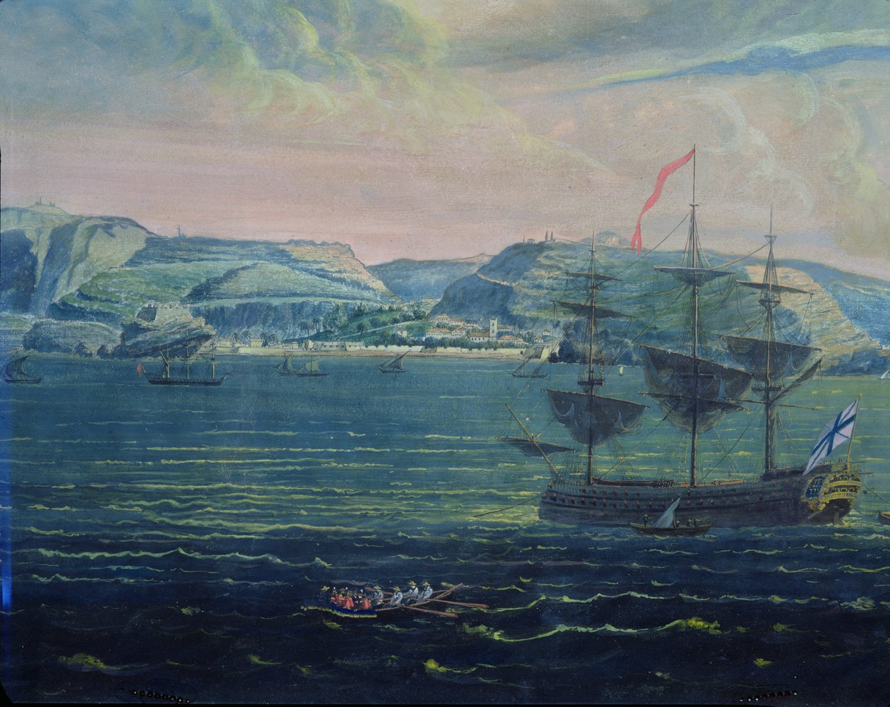 Utsikt over øya St. Helena, ca. 1820 (wc og gouache på papir) (se også 182640) av French School