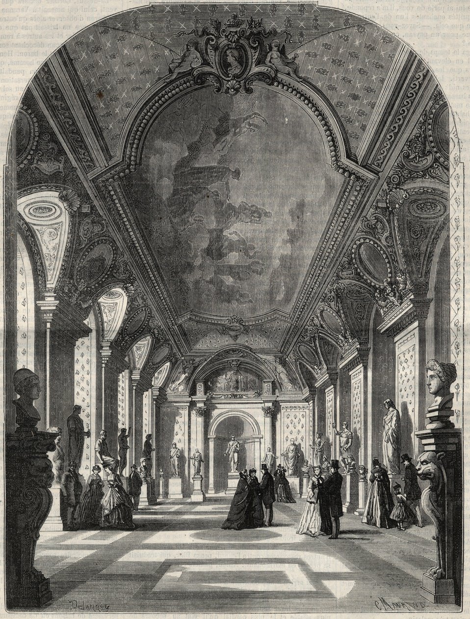 Utsikt over det nye rommet til de romerske keiserne, ved Musee des antiques du Louvre. Gravering i "" L'Univers illustrious"" av French School