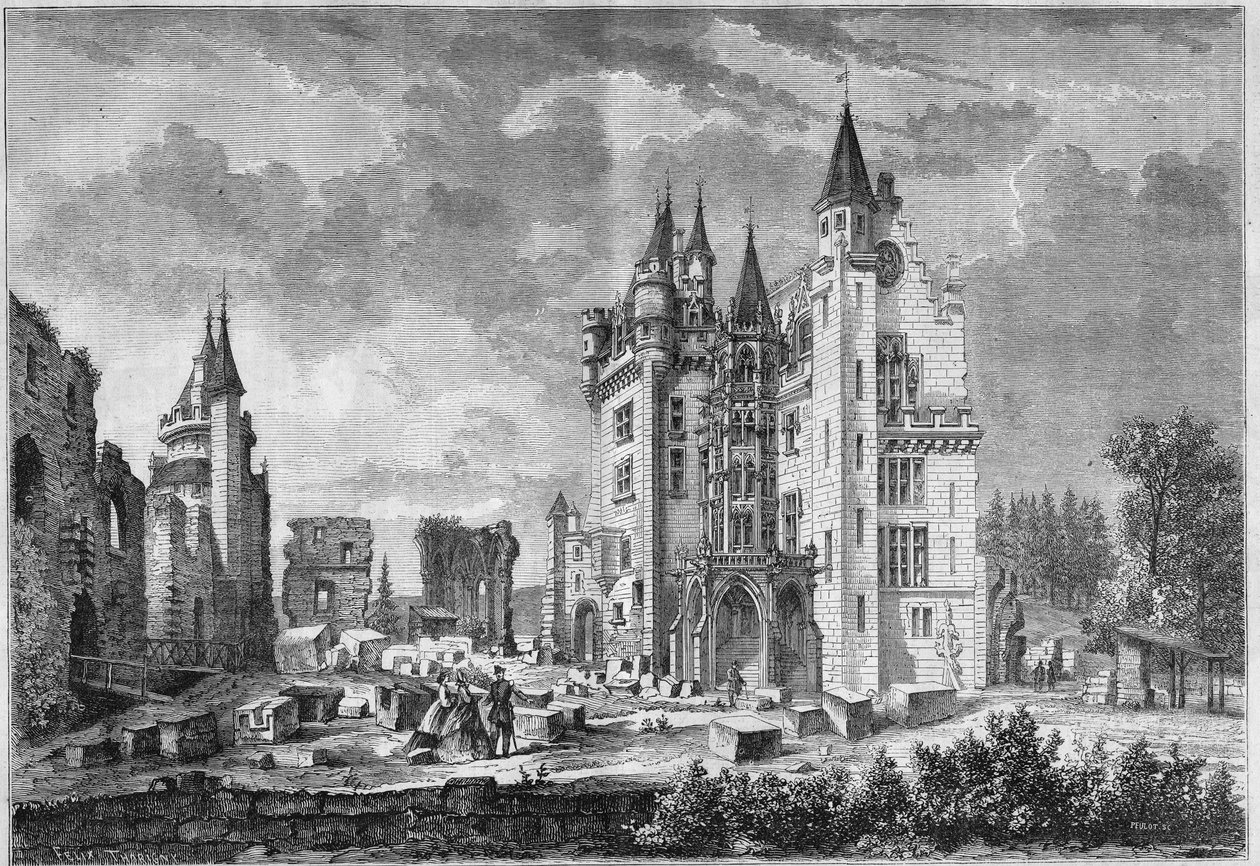 Utsikt over restaureringsarbeidet til Chateau de Pierrefonds, organisert av Eugene Viollet le Duc (Viollet-le-Duc), under besøket til Napoleon III og Impress Eugenie de Montijo. Oise (60) av French School