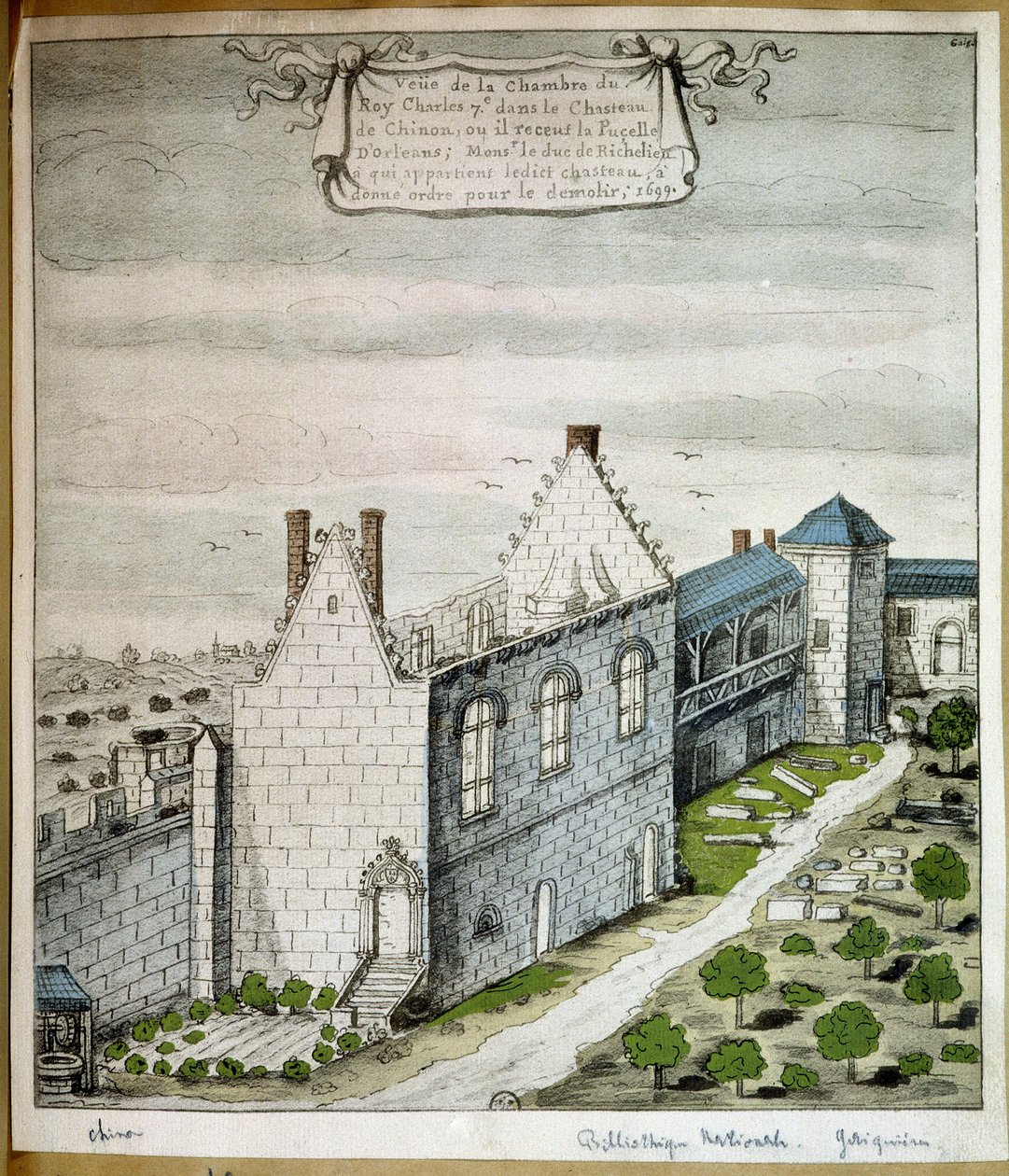 Utsikt over rommet til kong Charles VII i slottet i Chinon, hvor han mottok hushjelpen til Orléans - akvarell av French School