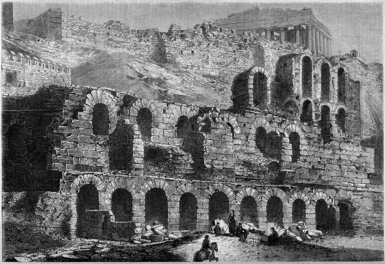 Utsikt over ruinene av Odeon av Herodes Atticus (bygget i 161 e.Kr.) i Athen, Hellas av French School