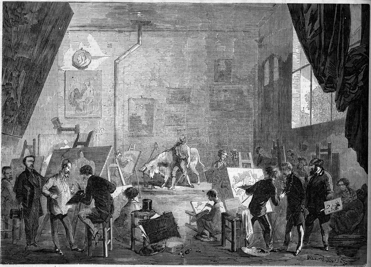 Utsikt over studioet til maleren Gustave Courbet (1819-1877), rue Notre Dame des Champs i Paris av French School