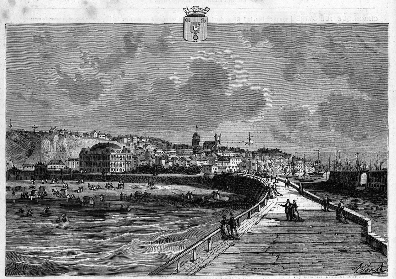 Utsikt over byen Boulogne i Pas de Calais. Gravering fra 1880 i "La republique illustree"" privatsamling. av French School