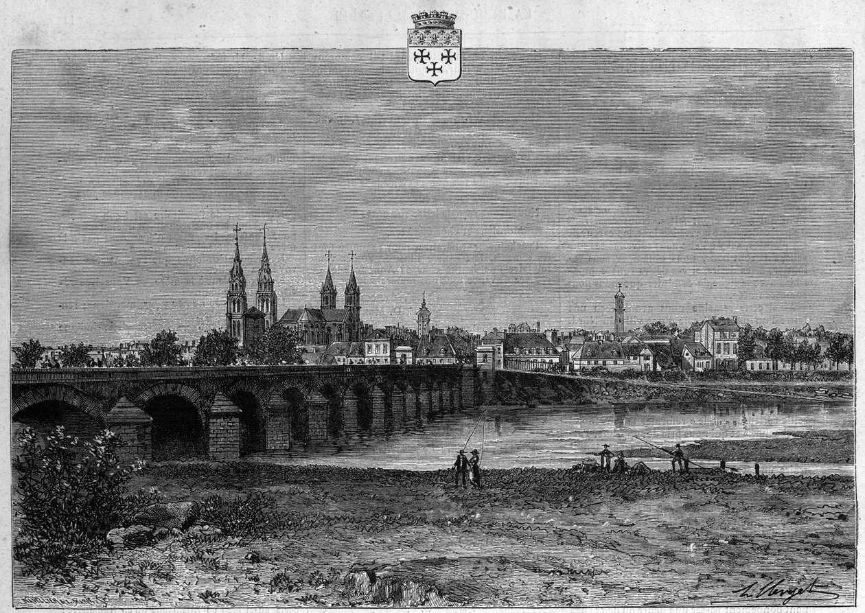 Utsikt over byen Moulins i Allier. Gravering fra 1880 i "La republique illustree"" privatsamling. av French School