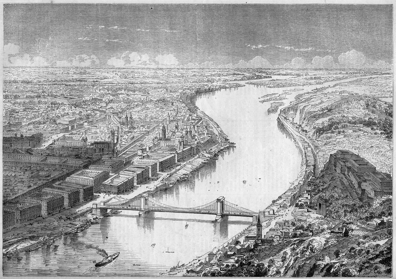 Utsikt over byen Pesth (Pest), hovedstaden i Ungarn, i 1861, og over Szechenyi-broen, eller Chaines-broen, bygget mellom 1840 og 1849. Gravering i "" Le Monde Illustré"" nr. 229 av 31. august 1861. av French School
