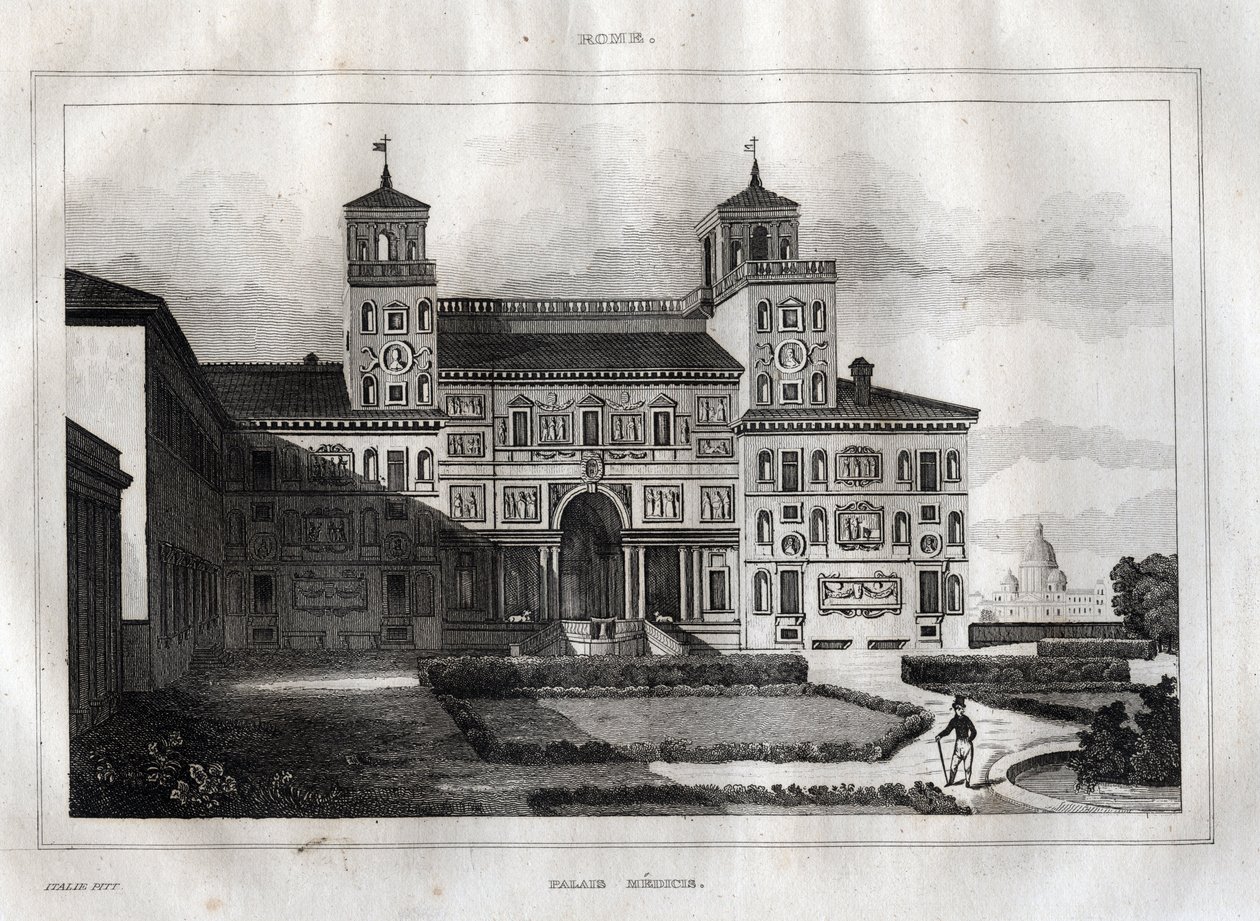 Villa Medici Roma - Villa Medicis - Gravering fra "" Pittoreske Italia"" - Historisk og beskrivende maleri av Italia" av M. de Norvins, Ch. Nodier 1834-1836. av French School