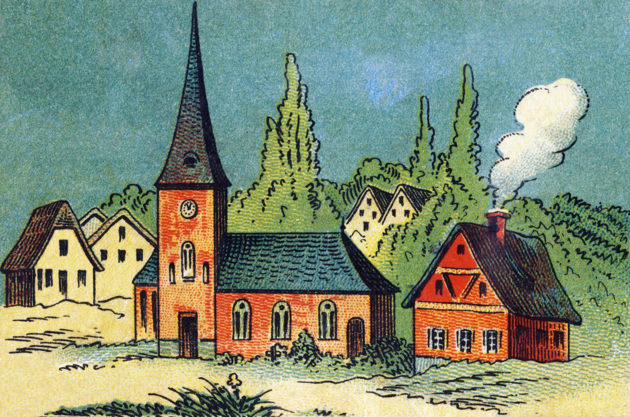 Landsby. Gravering i "ABC ubesirlig på lakkert lerret". A. Capendu, redaktør, Paris, slutten av 1800-tallet. Barnebokhandel illustrert. 8 sider. Mål: 21,5x18 cm. av French School