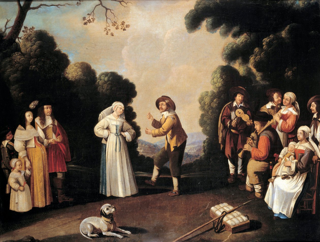 Landsbydansscene sannsynligvis på en bryllupsfest, en gravid kvinne til venstre. Maleri av den franske skolen. Avignon fra 1600-tallet, Musee Calvet av French School
