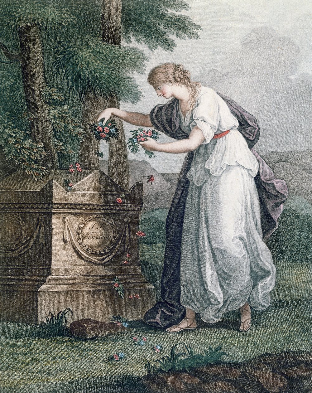 Dyd hyller ved Rousseaus grav, Ermenonville (Tombeau de Jean Jacques Rousseau), 1866 (håndfarget stiplegravering) av French School
