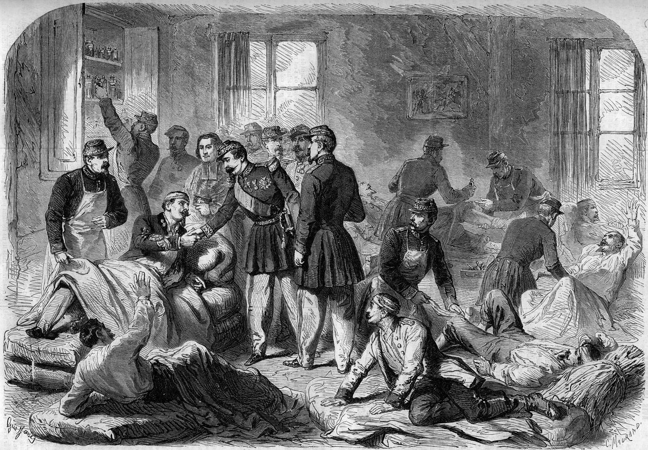 Besøk av keiser Napoleon III til sårene etter slaget ved Montebello i de improviserte ambulansene i Voghera 21. mai 1859. Gravering fra en skisse av Moullin. av French School