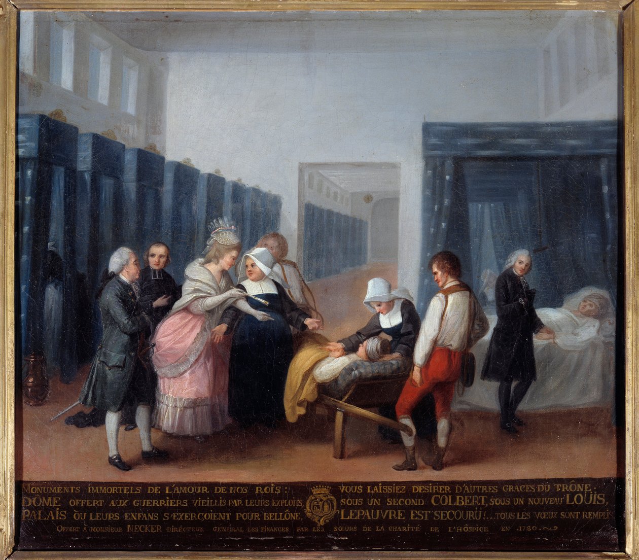 Besøk av Monsieur og Madame Necker på veldedighetshospitalet Dette er et sykehus (nå Necker Hospital i Paris) grunnlagt av ministeren og hans kone, kona til Lettres i 1778. Maleri av den franske skolen. 18. århundre. Paris, Musee de l