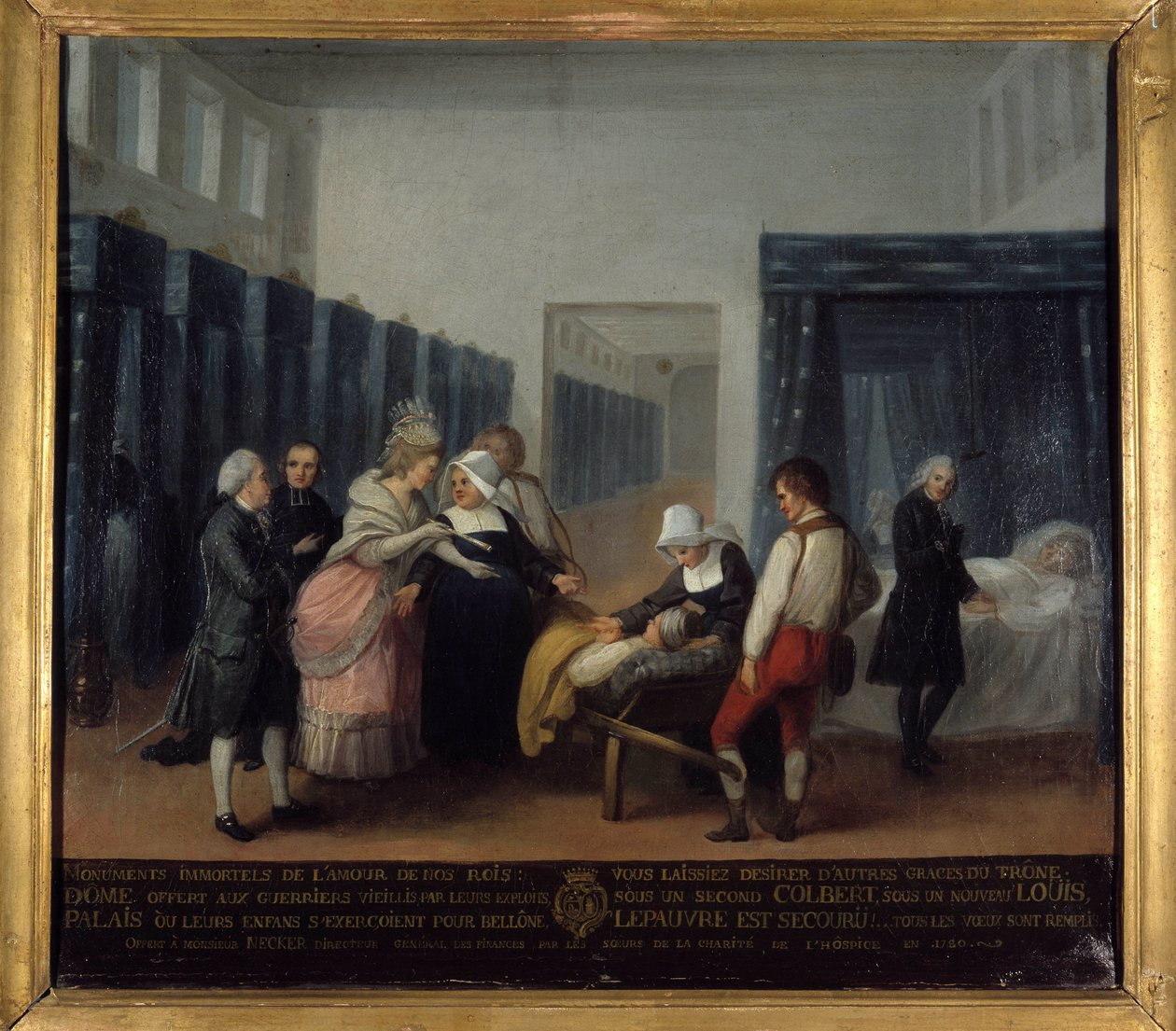 Besøk av Mr. og Mrs. Necker til Invalides Hospital - French School, Museum of Public Assistance, sent på 1700-tallet av French School