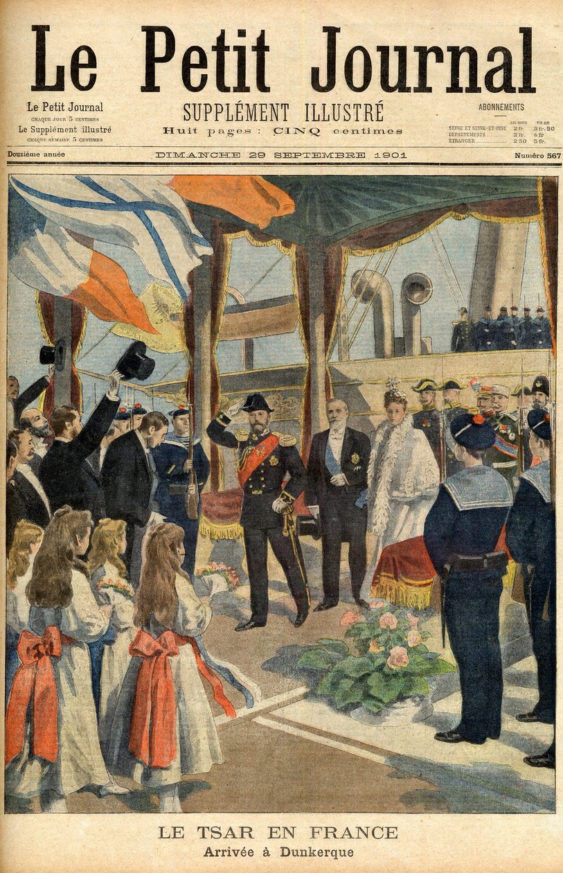 Besøk av tsar Nicholas II av Russland til Frankrike Første side av avisen "Le Petit Journal" av 29. september 1901 (gravering) av French School