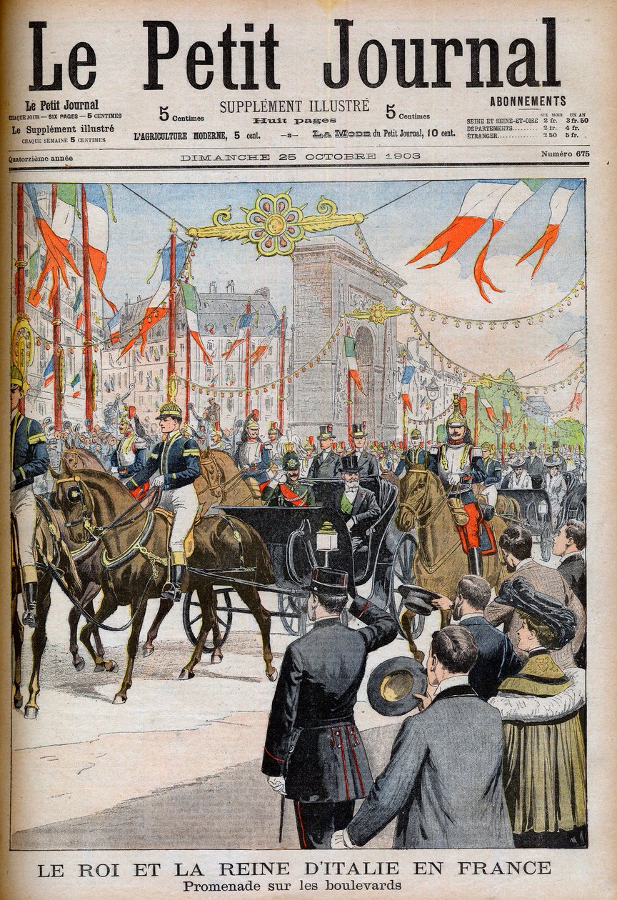 Visit of the King and Queen of Italy to France. The King and Queen of Italy in France. Promenade on the boulevards with Le President of the French Republic Emile Loubet - Illustration for Le petit Journal, 25 October 1903 - Victor Emmanuel III (Victor-Emma av French School