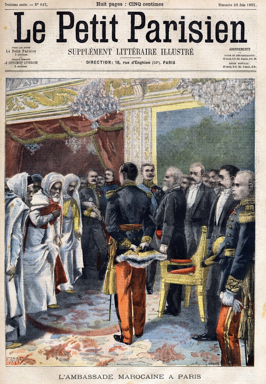 Visit of the Moroccan embassy received by the President of France Emile Loubet (1838-1929) in Paris, in " Le Petit Parisien”” on 30/06/1901 (engraving) av French School