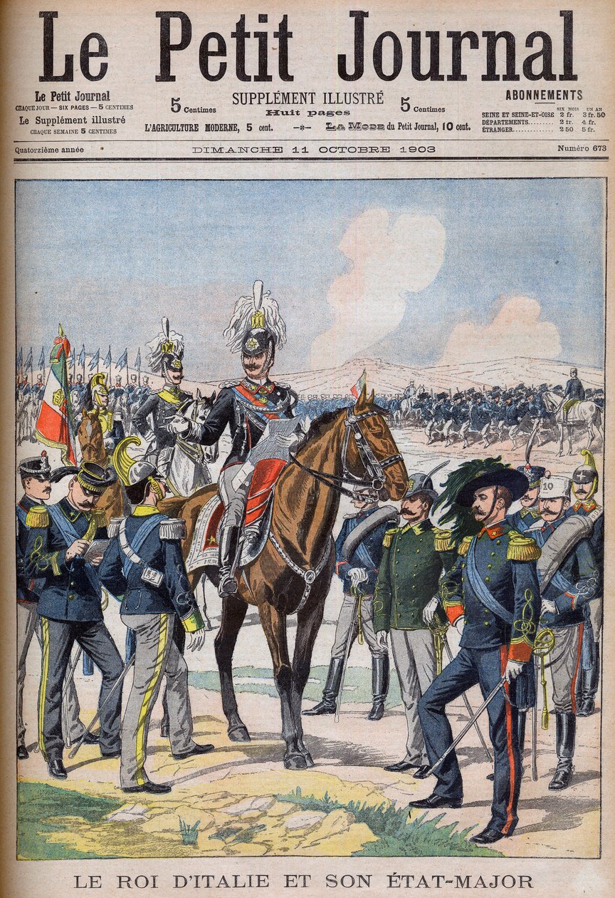 Vittorio Emanuele III di Savoia - King Victor Emmanuel III of Italy and his general staff. The King of Italy and his Staff. Illustration for Le petit Journal av French School